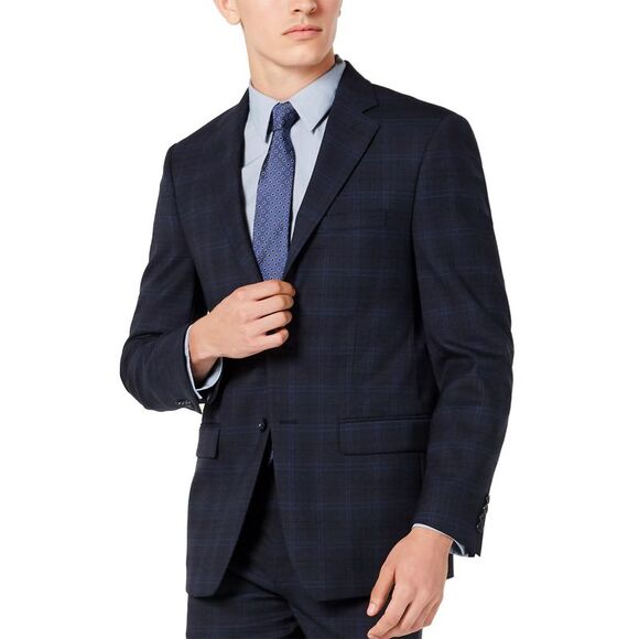 Calvin Klein Mens Slim-Fit Wool Plaid Suit Jacket 36 Regular Navy - NWT $450